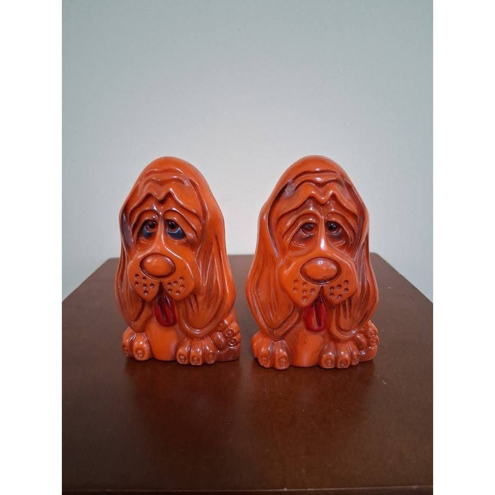 Vintage Plastic Sad Orange Hound Dogs Salt and Pepper Shakers